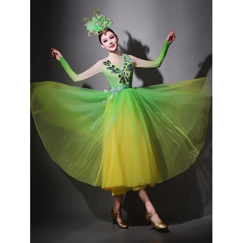 Yellow green long length ballet dance dresses  for women girls Opening dance Singing dancing costumes Contemporary dance tutu skirts for female